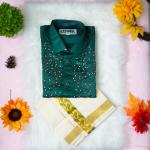 Size 42 - Premium stone work design half sleeve green shirt with matching dhoti for men