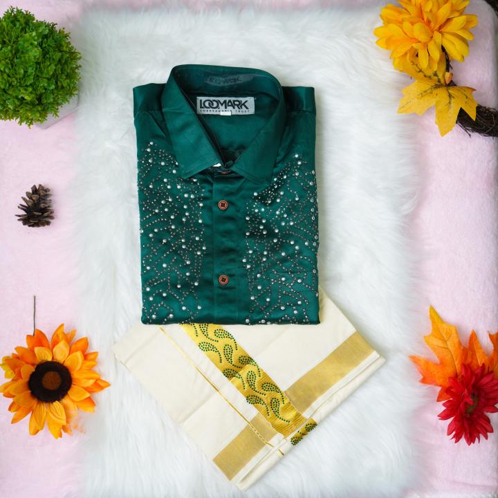 Size 42 - Premium stone work design half sleeve green shirt with matching dhoti for men