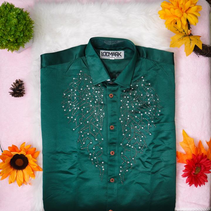 Size 42 - Premium stone work design half sleeve green shirt with matching dhoti for men