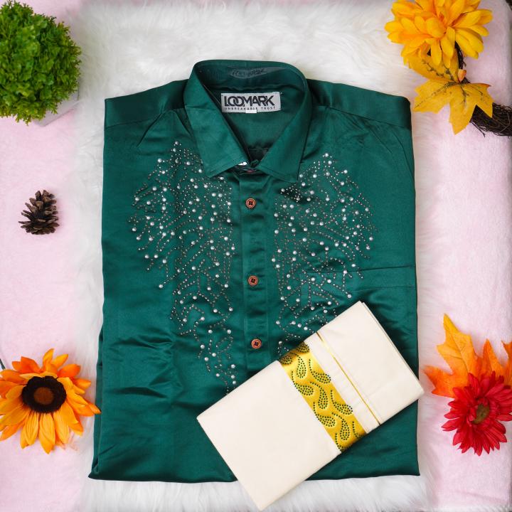 Size 42 - Premium stone work design half sleeve green shirt with matching dhoti for men