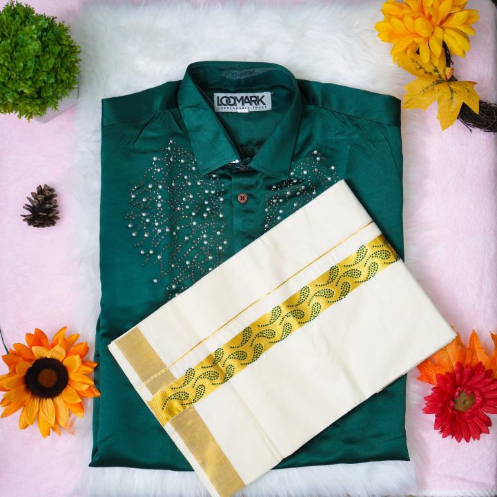 Size 42 - Premium stone work design half sleeve green shirt with matching dhoti for men