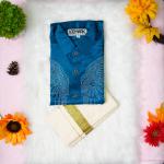 Size 38 - Premium stone work design full sleeve blue shirt with matching dhoti for men