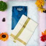Size 38 - Premium stone work design full sleeve blue shirt with matching dhoti for men