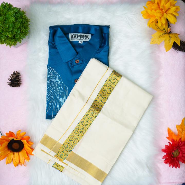 Size 38 - Premium stone work design full sleeve blue shirt with matching dhoti for men