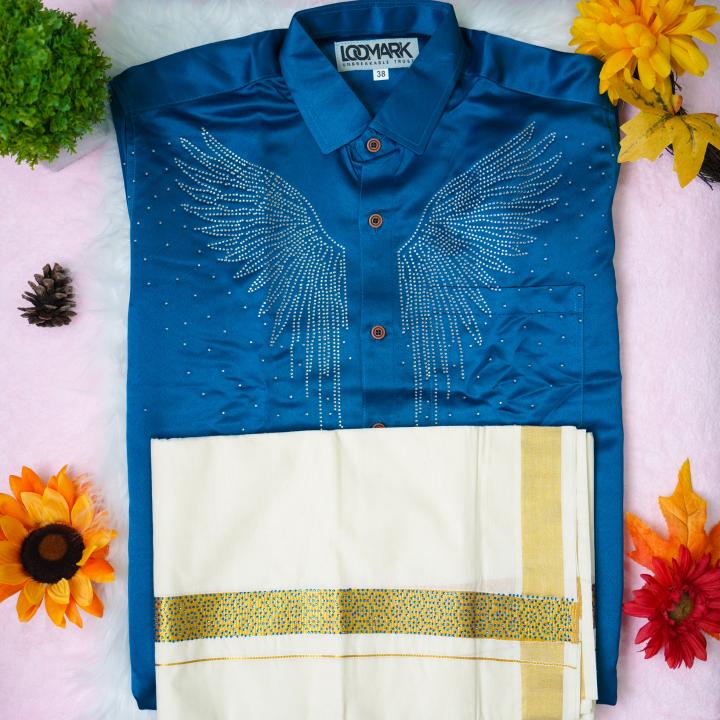 Size 38 - Premium stone work design full sleeve blue shirt with matching dhoti for men