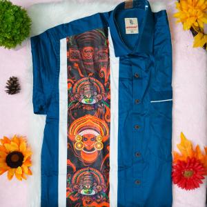 Traditional arts printed half sleeve greenish blue shirt with matching dhoti for men - size XXL
