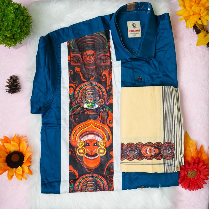 Traditional arts printed half sleeve greenish blue shirt with matching dhoti for men - size XXL