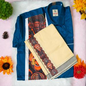 Traditional arts printed half sleeve greenish blue shirt with matching dhoti for men - size XXL