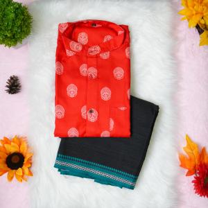 Kathakali printed full sleeve red shirt with matching dhoti for men - Size Large
