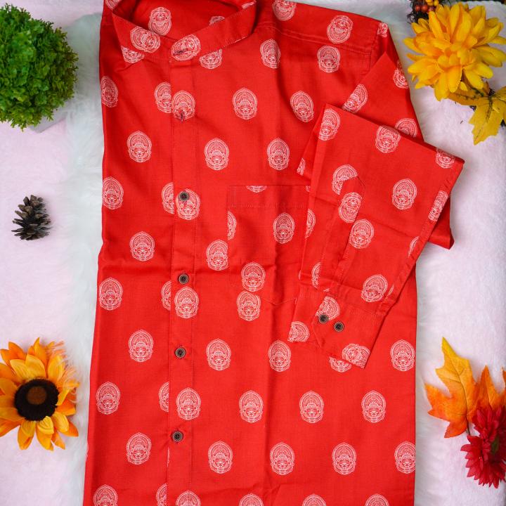 Kathakali printed full sleeve red shirt with matching dhoti for men - Size Large