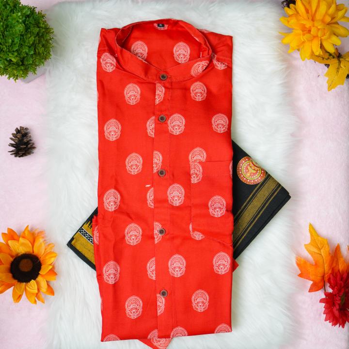 Kathakali printed full sleeve red shirt with matching dhoti for men - Size XL
