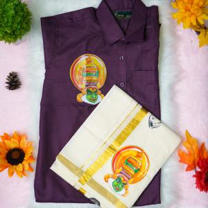 Size 38 - Kathakali printed half sleeve maroon shirt with matching dhoti for men