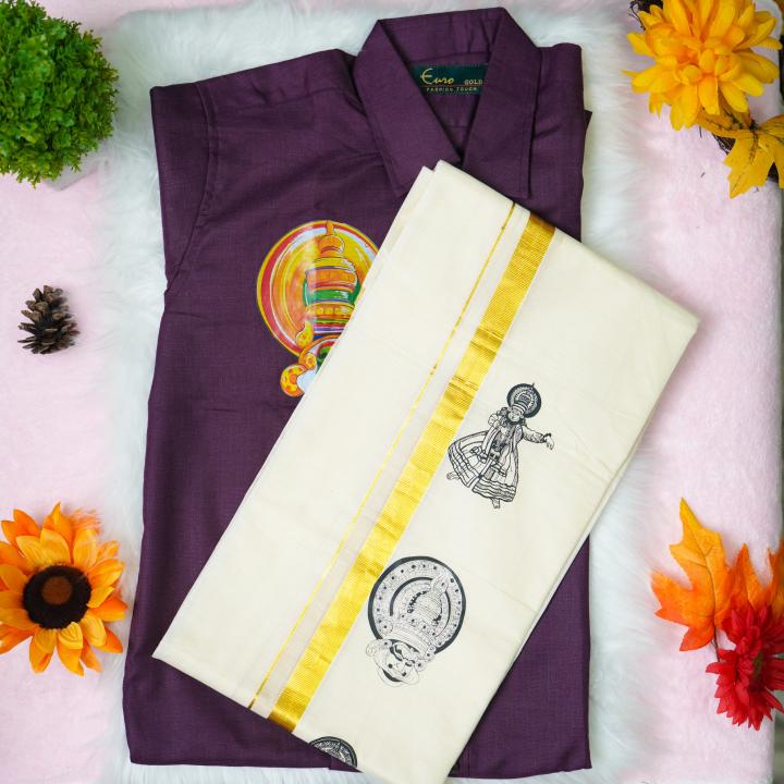 Size 38 - Kathakali printed half sleeve maroon shirt with matching dhoti for men
