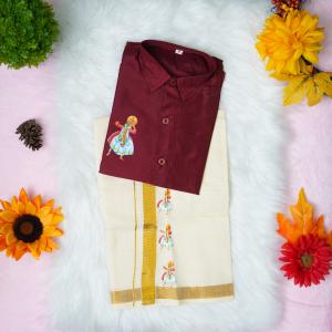 3 yr old - Kids traditional kerala printed silk shirt with matching printed velcro dhoti