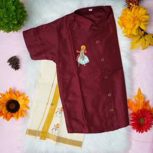 3 yr old - Kids traditional kerala printed silk shirt with matching printed velcro dhoti