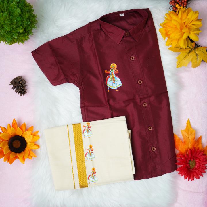 3 yr old - Kids traditional kerala printed silk shirt with matching printed velcro dhoti