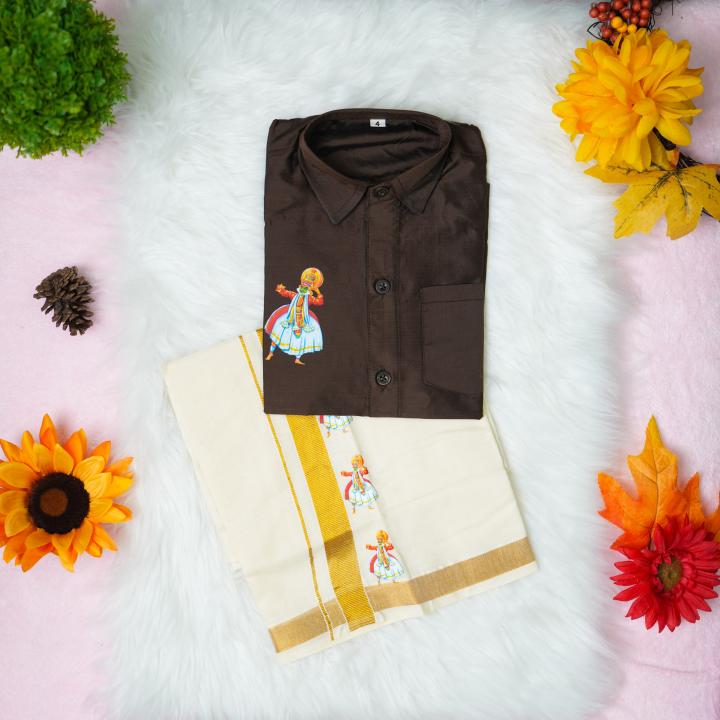 4 yr old - Kids traditional kerala printed silk shirt with matching printed velcro dhoti