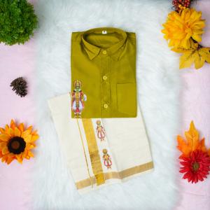 5 yr old - Kids traditional kerala printed silk shirt with matching printed velcro dhoti