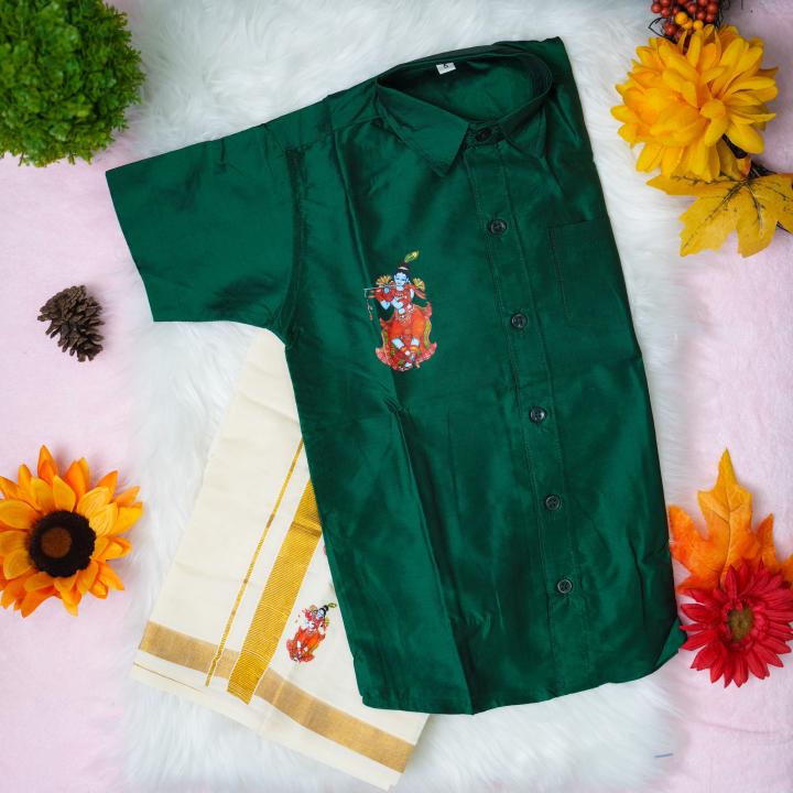 5 yr old - Kids traditional kerala printed silk shirt with matching printed velcro dhoti