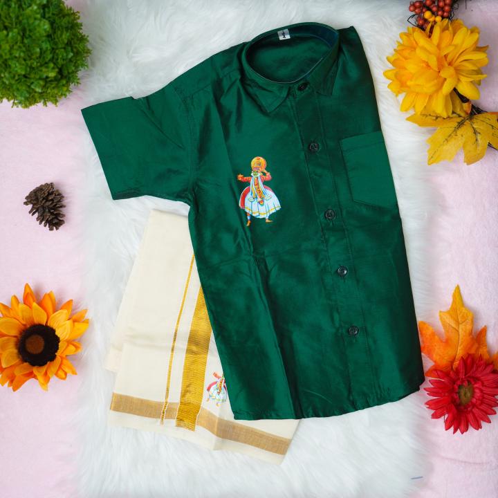 4 yr old - Kids traditional kerala printed silk shirt with matching printed velcro dhoti