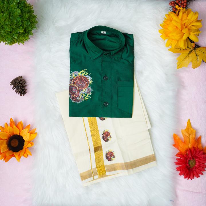 6 yr old - Kids traditional kerala printed silk shirt with matching printed velcro dhoti