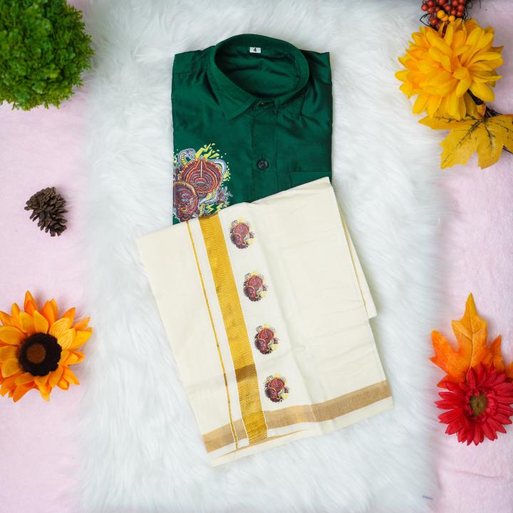 6 yr old - Kids traditional kerala printed silk shirt with matching printed velcro dhoti