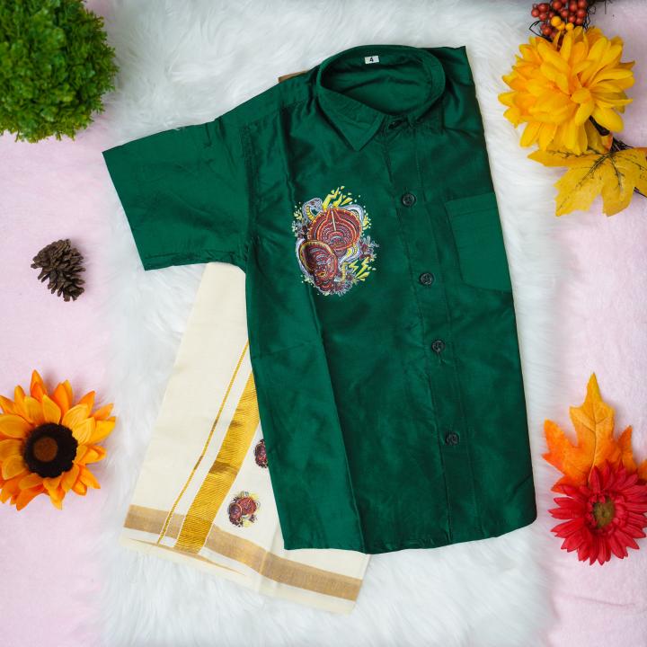6 yr old - Kids traditional kerala printed silk shirt with matching printed velcro dhoti