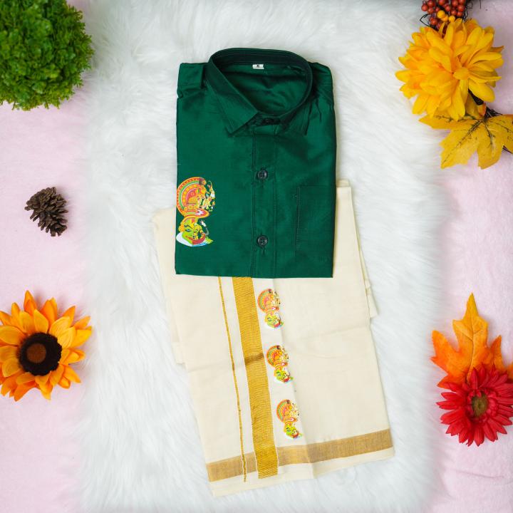 5 yr old - Kids traditional kerala printed silk shirt with matching printed velcro dhoti